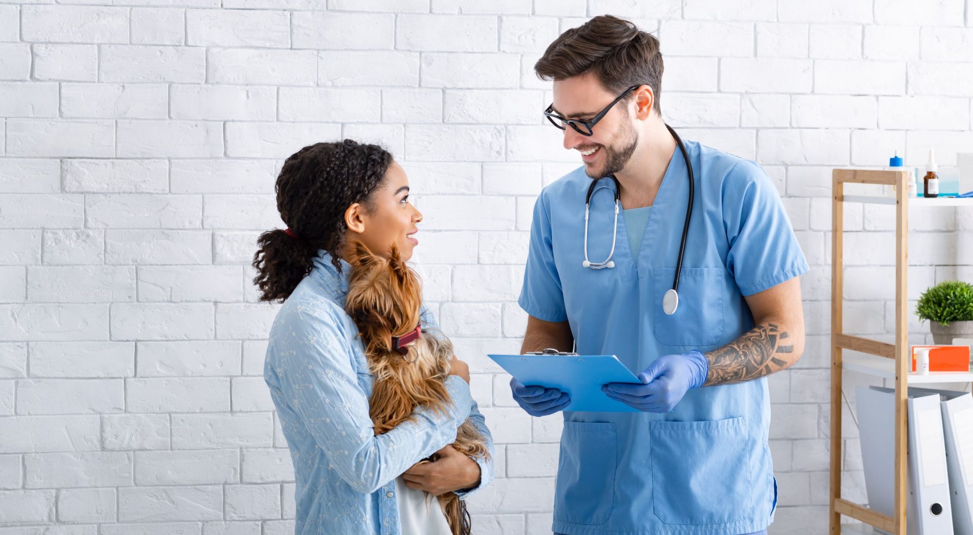 dog owner talking with a veterinarian about pet health